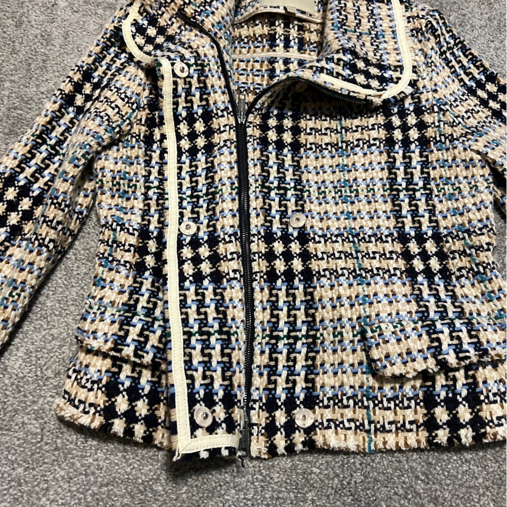 burberry jacket‎ womens 8 tan blue tweed houndstooth blazer quiet luxury classic - Picture 2 of 16